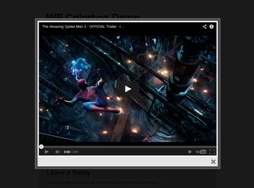 screenshot of YouTube video in lightbox using WordPress ColorBox plugin