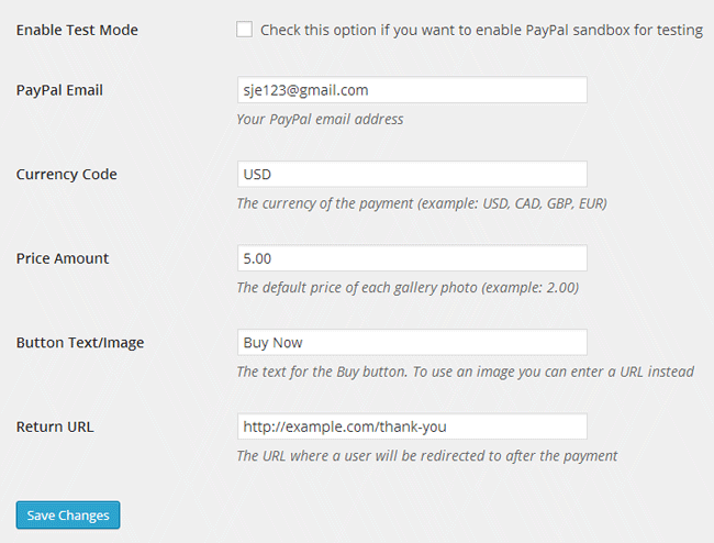 screenshot showing the NextGEN Gallery sell photo plugin settings