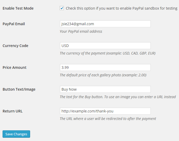 screenshot showing the WordPress Sell Photo plugin settings