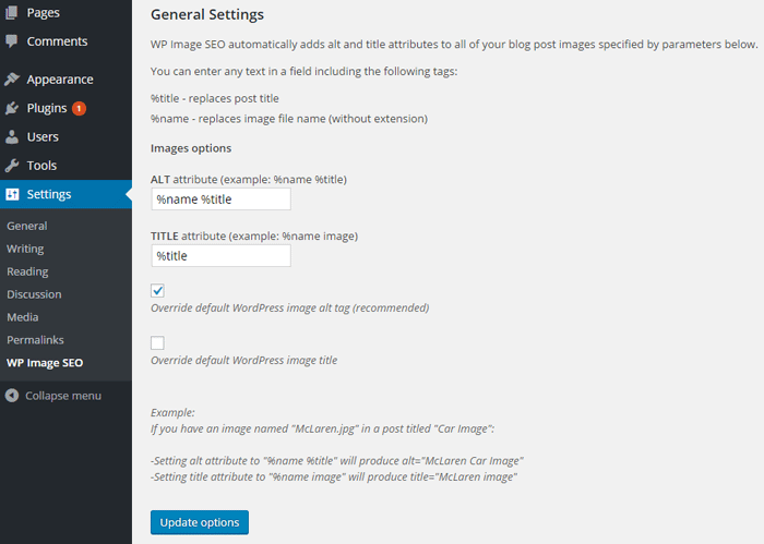 screenshot of WordPress Image SEO plugin settings