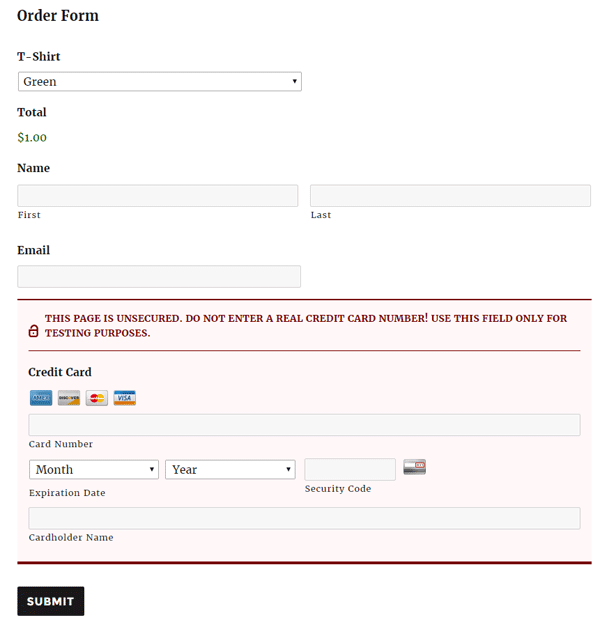 screenshot of Stripe checkout demo in gravity forms