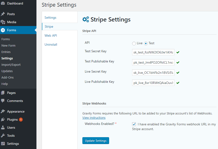 screenshot showing how to configure the Stripe API keys in gravity forms