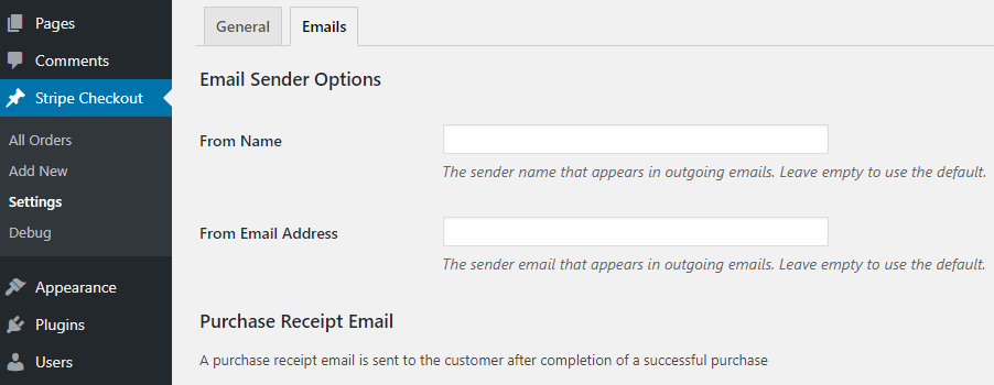 screenshot showing the email sender options in the stripe checkout plugin settings