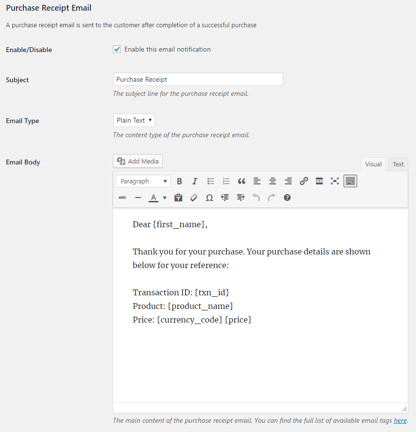 screenshot showing the purchase receipt email related options in the stripe checkout plugin settings