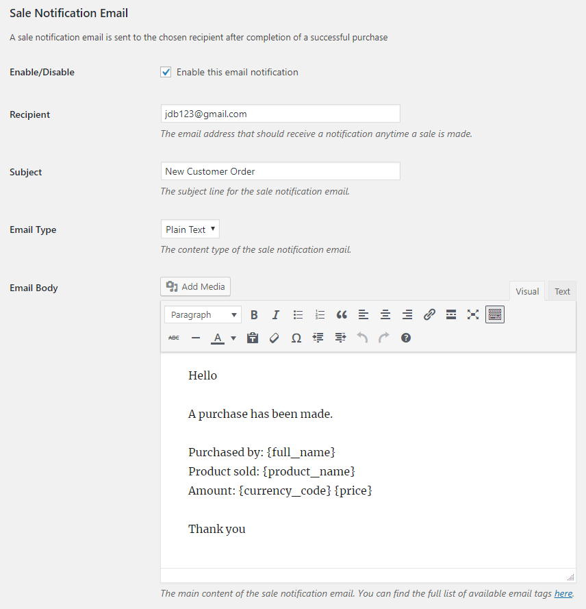 screenshot showing the sale notification email related options in the stripe checkout plugin settings