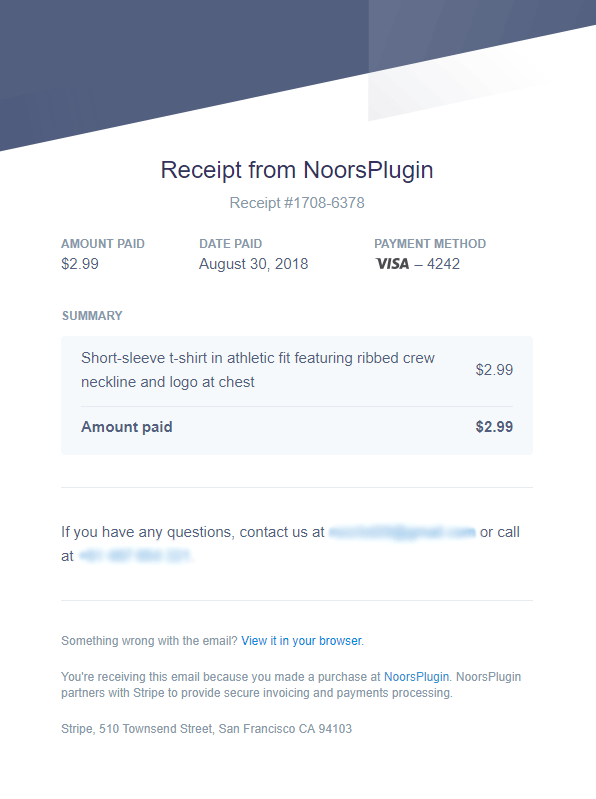 screenshot of a stripe receipt sent to the customer via email upon purchase