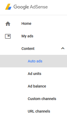 screenshot showing the auto ads menu in Google AdSense