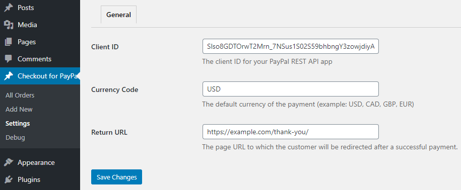 general settings of the checkout for PayPal WordPress plugin