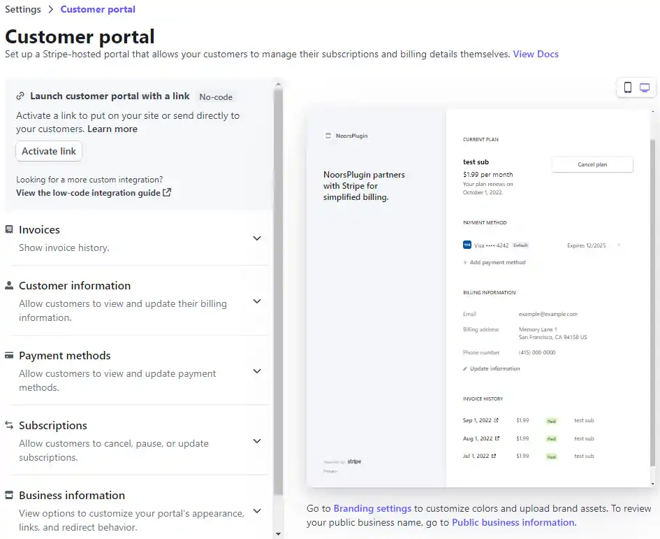 stripe customer portal activation