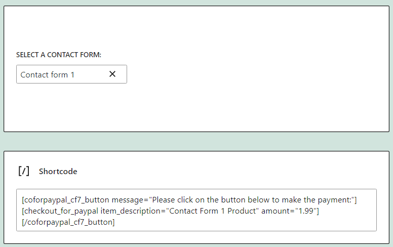 contact form 7 block with checkout for paypal payment button shortcode