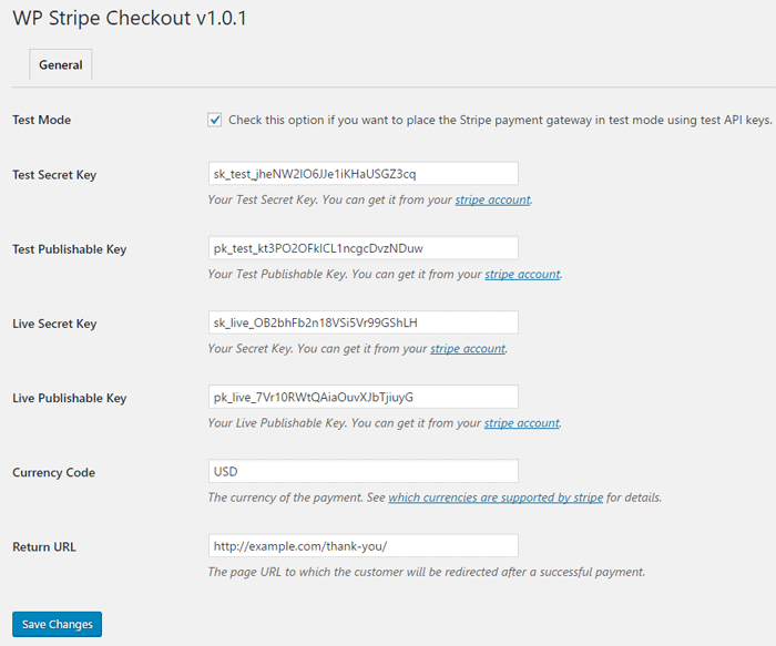 screenshot of WP Stripe checkout plugin settings