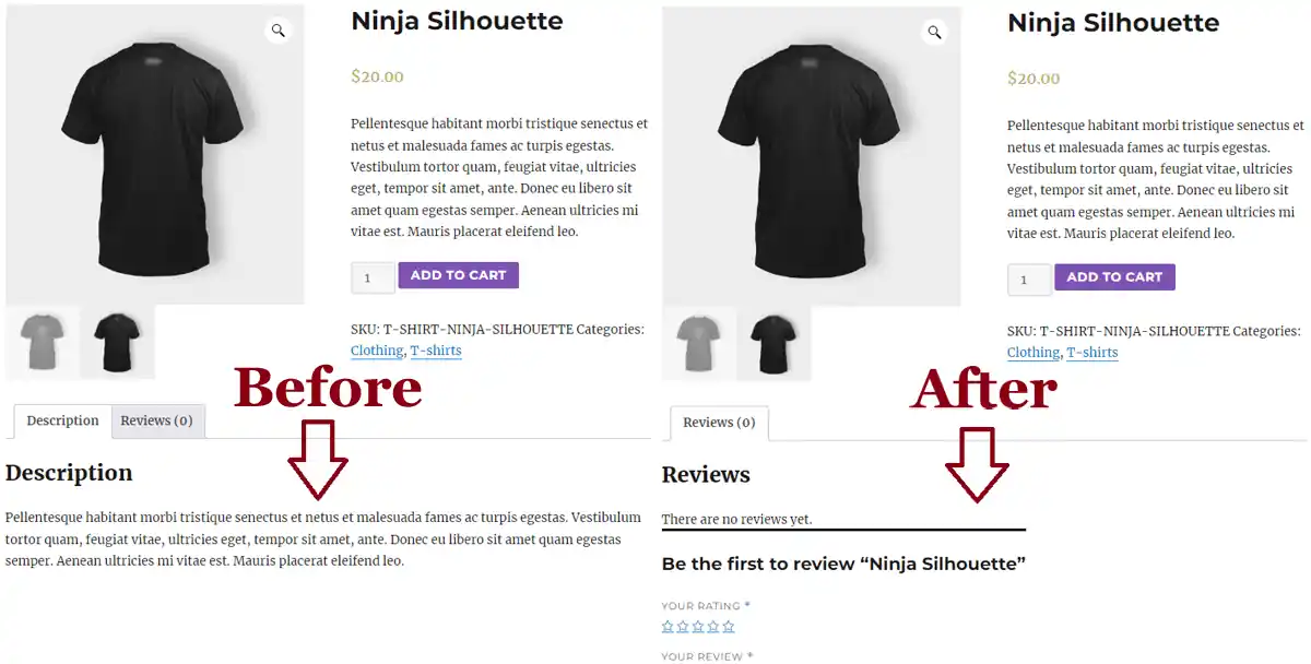 screenshot showing before and after a product description is hidden on a WooCommerce product page