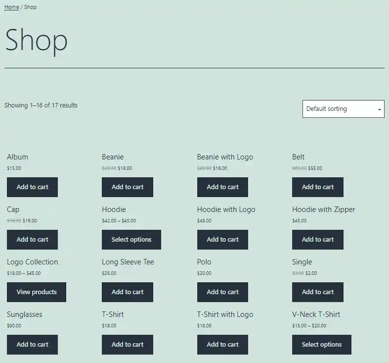 WooCommerce shop page without product images