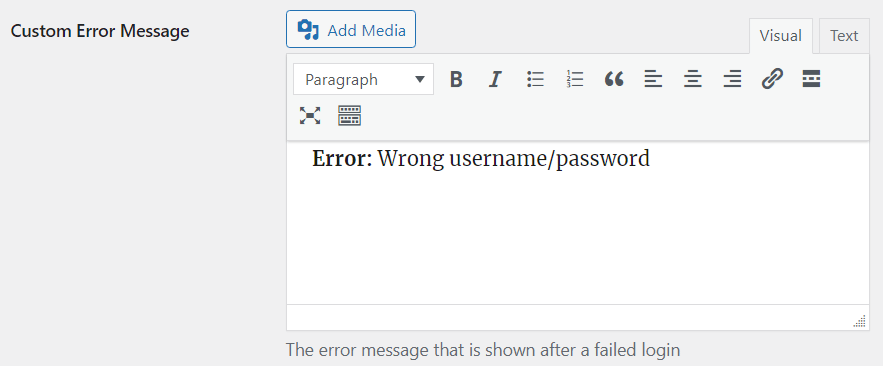 custom error message settings from the WP Login Form Custom Error add-on