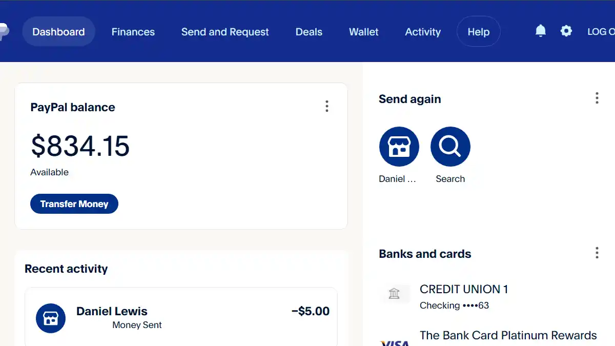 PayPal Help option in the PayPal account dashboard