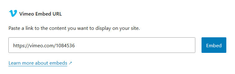 Vimeo video block in WordPress editor using the Embed for Vimeo plugin