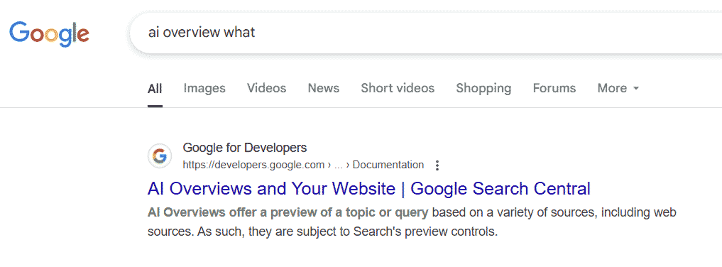 Google search engine results page without AI Overview