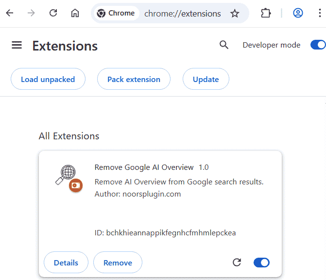 Remove Google AI Overview extension enabled in Google Chrome browser